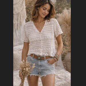 Amanda Smith White Crochet Vintage Cardigan with Mother of Pearl buttons